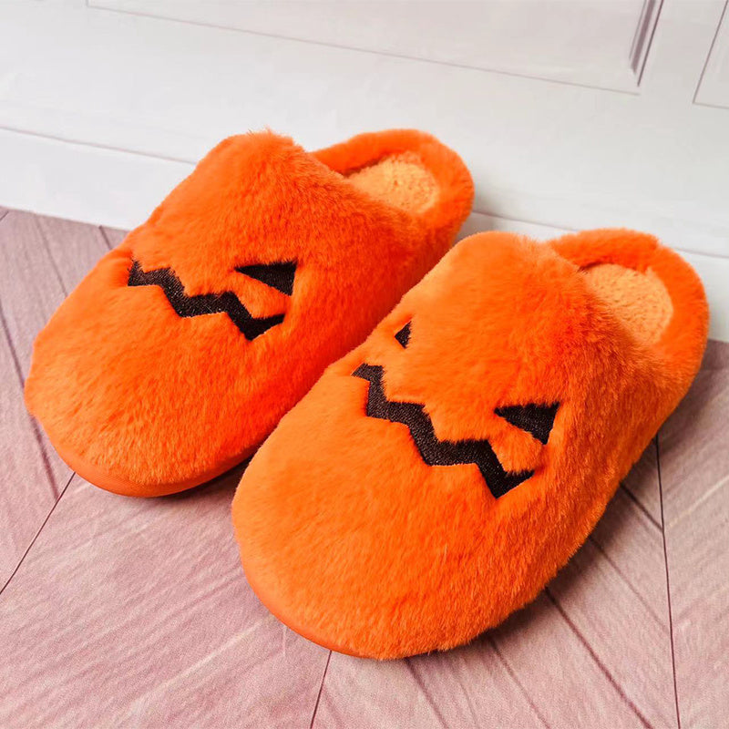 Cute Halloween Pumpkin Slippers Winter Warm Plush Bedroom Floor Home Slippers Casual Slip-on Comfortable Indoor Home Shoes