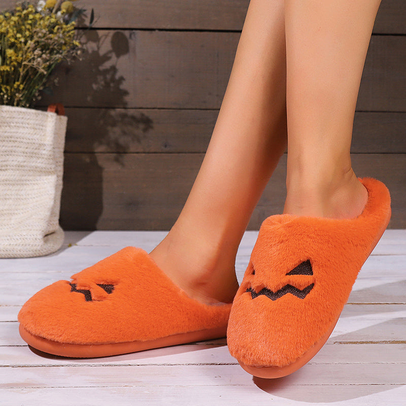 Cute Halloween Pumpkin Slippers Winter Warm Plush Bedroom Floor Home Slippers Casual Slip-on Comfortable Indoor Home Shoes