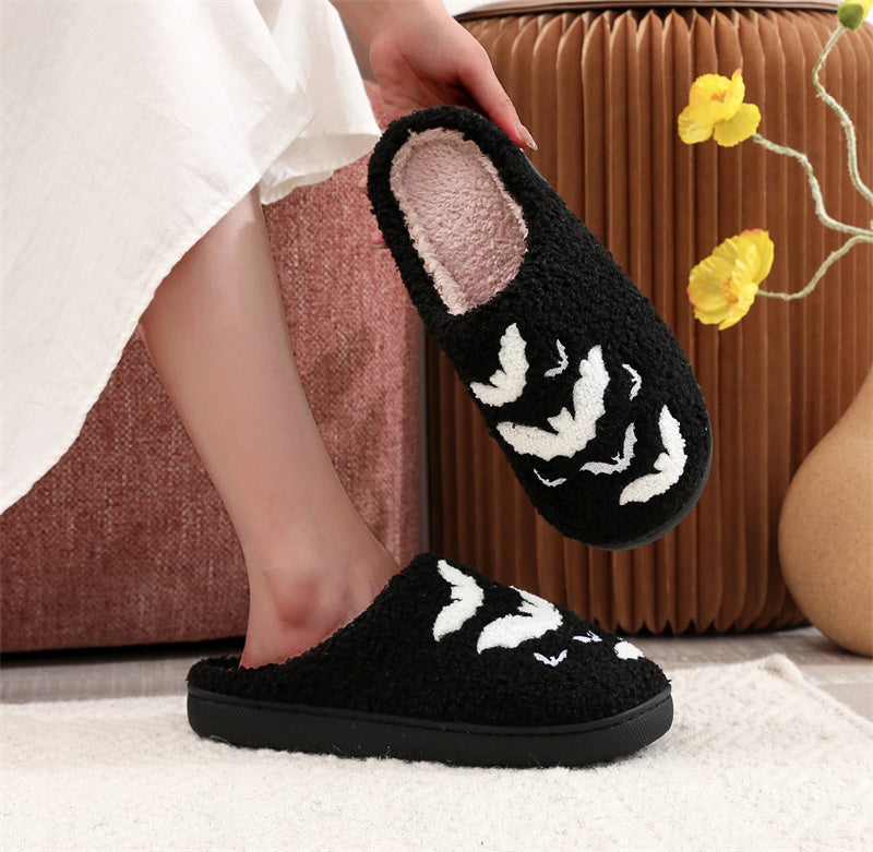 Funny Bat Slippers Halloween Pumpkin Flat Indoor Shoes for Women Men Soft Plush Comfortable Horror Fashion Halloween Gift