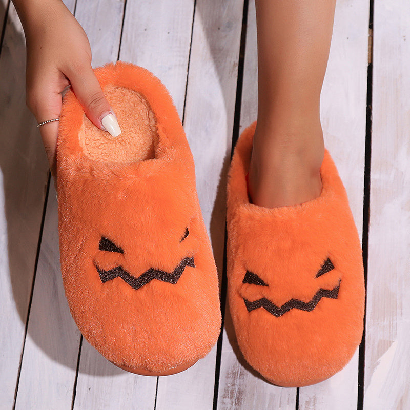Cute Halloween Pumpkin Slippers Winter Warm Plush Bedroom Floor Home Slippers Casual Slip-on Comfortable Indoor Home Shoes