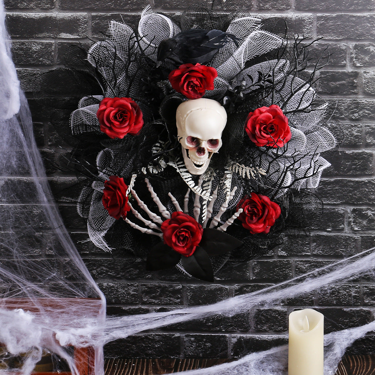 Halloween Red Rose Skull Grid Wreath Door Hanging Decoration