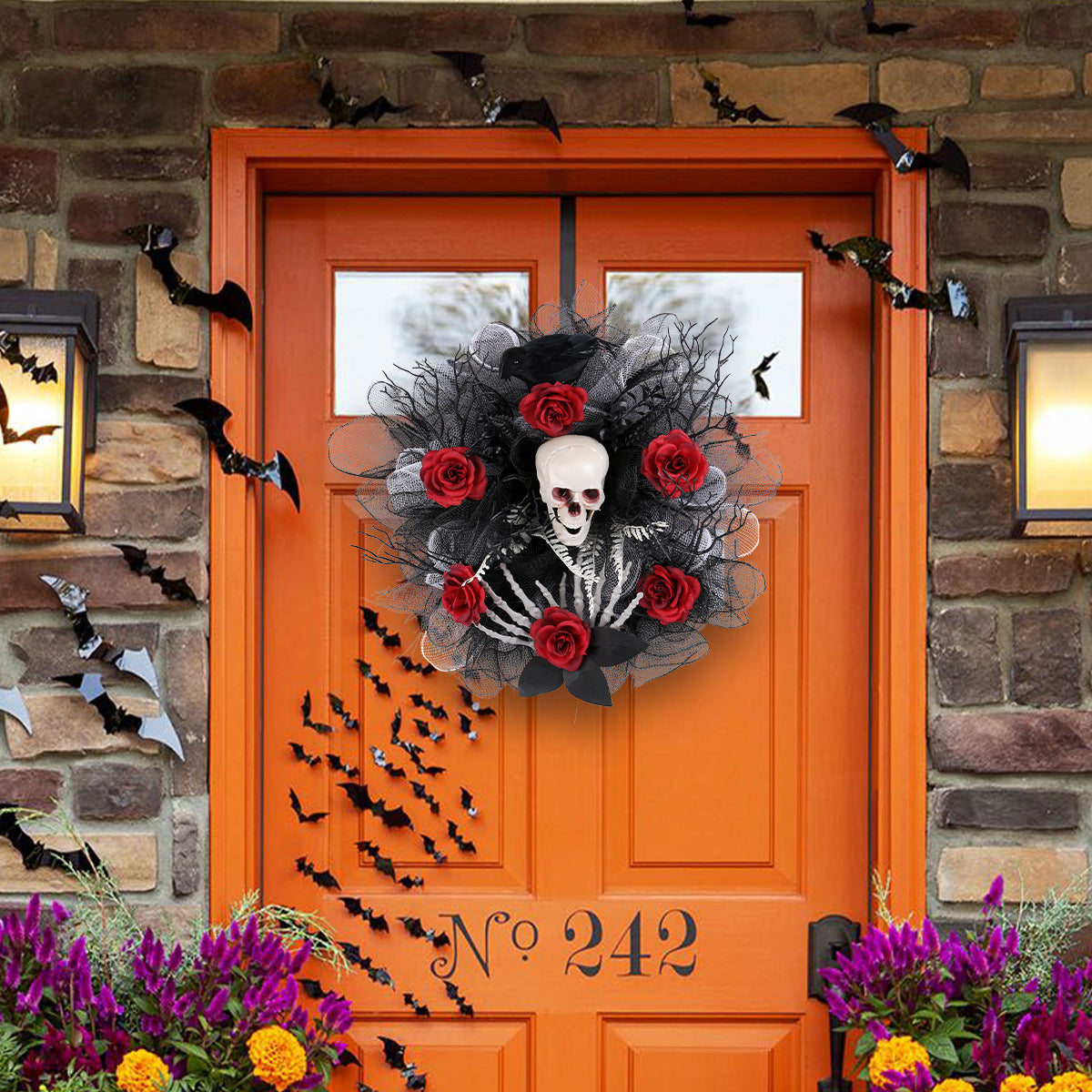 Halloween Red Rose Skull Grid Wreath Door Hanging Decoration