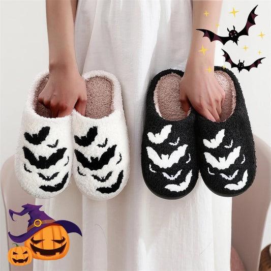 Funny Bat Slippers Halloween Pumpkin Flat Indoor Shoes for Women Men Soft Plush Comfortable Horror Fashion Halloween Gift