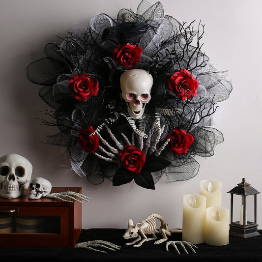 Halloween Red Rose Skull Grid Wreath Door Hanging Decoration