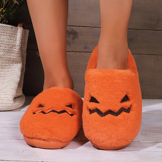 Cute Halloween Pumpkin Slippers Winter Warm Plush Bedroom Floor Home Slippers Casual Slip-on Comfortable Indoor Home Shoes